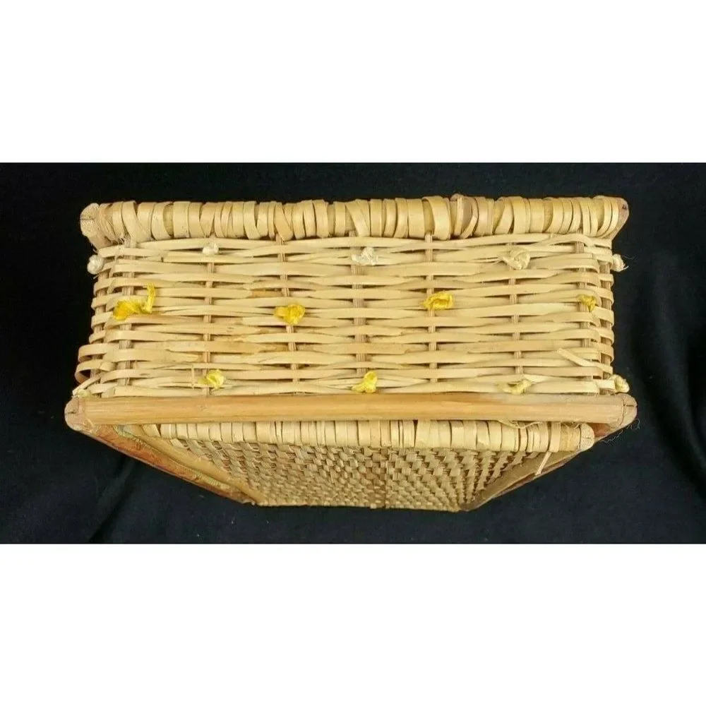Boho Vintage 70s Wicker Rattan Wood Tissue Holder Box Flowers Cottagecore Decor